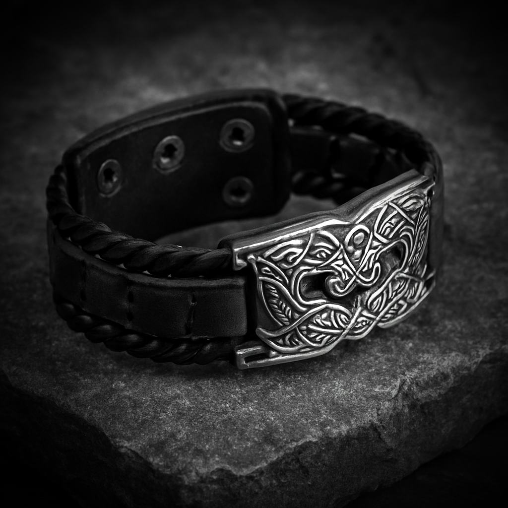 Wikinger Lederbeutel, verzierter Ledergürtel mit Valknut-Symbol und handgenähte Gürteltasche auf dunklem Stein – Symbolbild für nordische Accessoires, Gürtel und Taschen im NORDSKULLS Onlineshop.