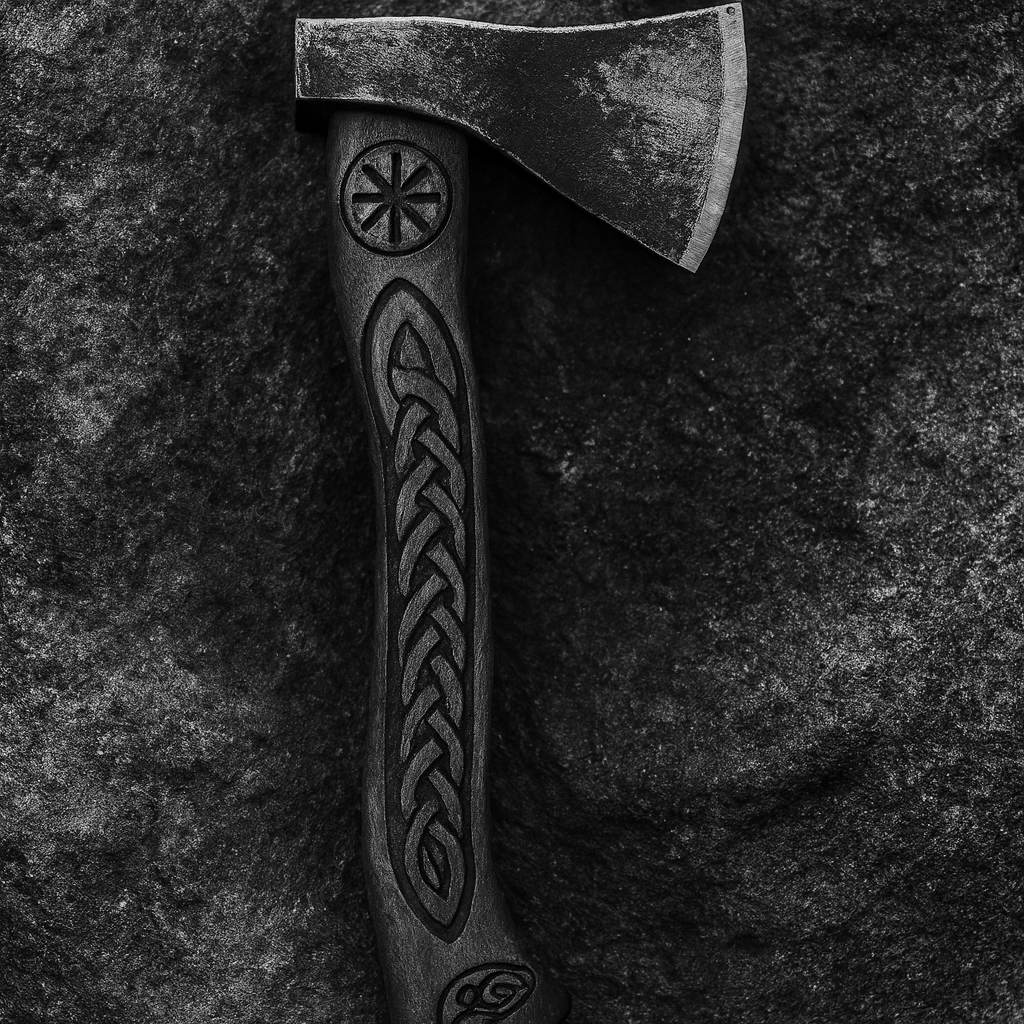 Handgeschmiedete Wikinger Axt mit Runenverzierung auf dunklem Stein – Symbolbild für robuste Viking-Äxte, nordische Schmiedekunst, Werkzeuge und Deko im Viking NORDSKULLS Onlineshop.