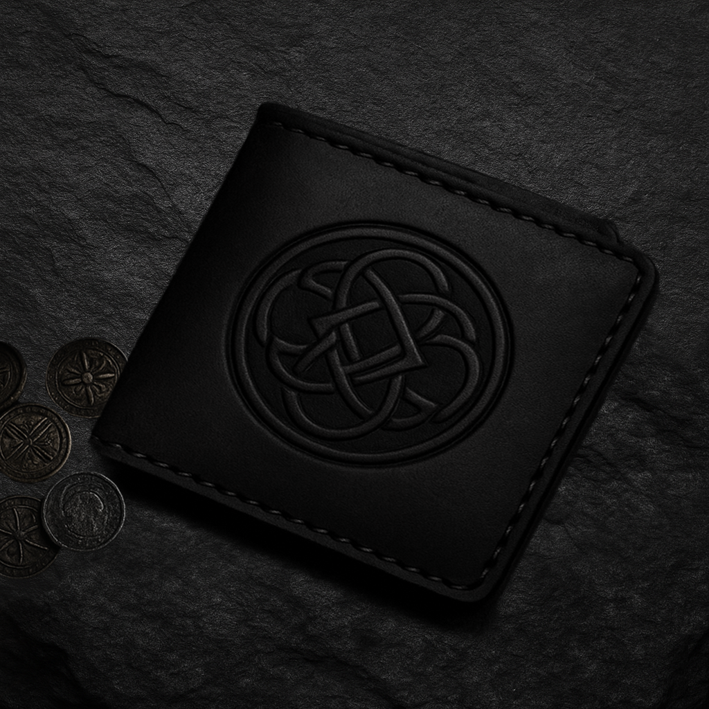 Wikinger-Geldbeutel aus schwarzem Echtleder mit keltischem Symbol – handgefertigtes Portemonnaie für Krieger, Schildmaiden & Viking-Fans | NORDSKULLS