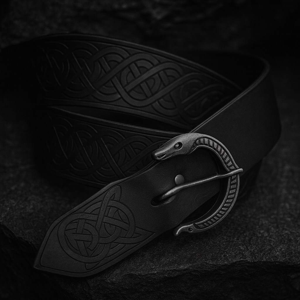 Echt-Leder Gürtel in Schwarz mit keltischer Prägung und Schlangenschnalle – Symbolbild für nordische Gürtel, Mittelalter-Accessoires und Wikinger-Kleidung im NORDSKULLS Onlineshop.