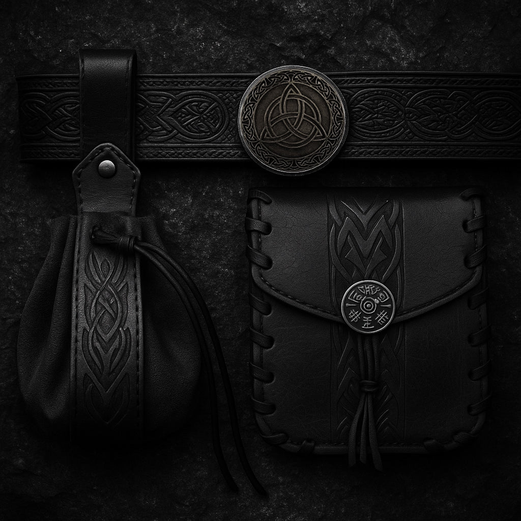 Nordische Lederwaren – Wikinger-Tasche, Gürtel und Beutel aus Echtleder mit Runen-Ornamenten | NORDSKULLS