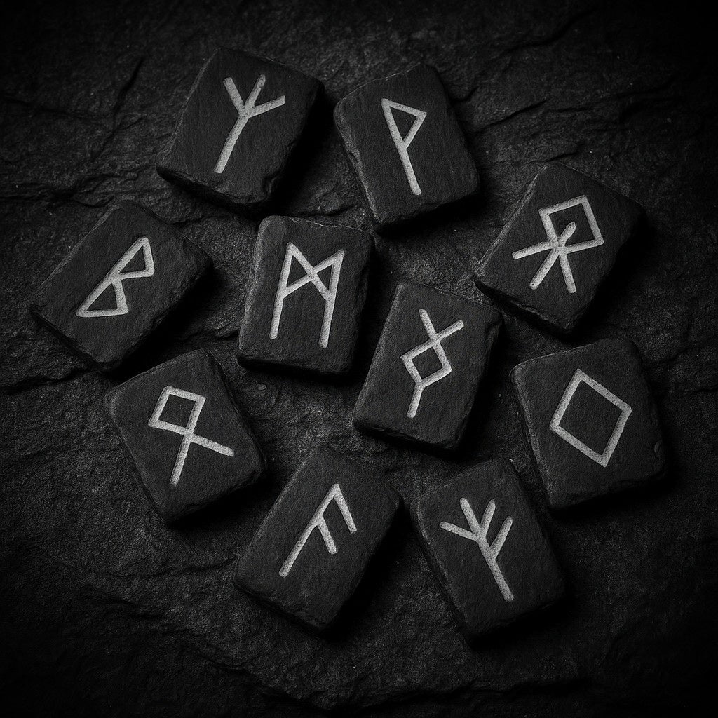 Handgefertigte Wikinger-Runensteine aus schwarzem Stein mit eingravierten Symbolen der älteren Futhark-Schrift – Symbolbild für nordische Runen, Schmuck & Deko im NORDSKULLS Shop.