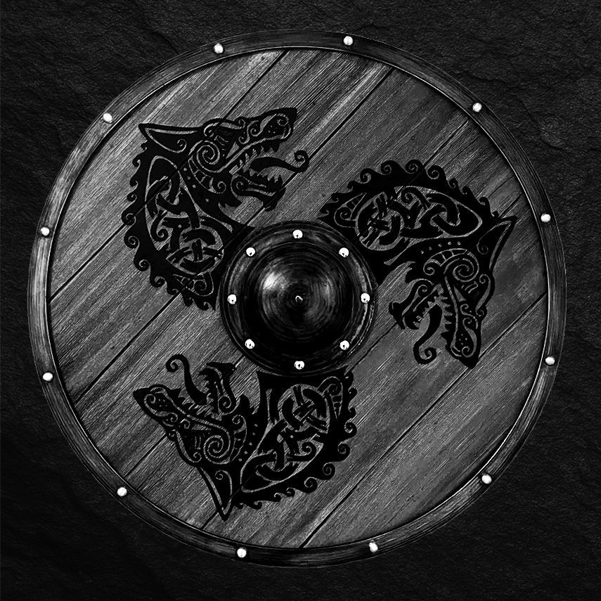 Runder Wikinger Schild aus Holz mit schwarzem Drachenmotiv – handgefertigt, robust, ideal für LARP, Reenactment und Wanddeko.