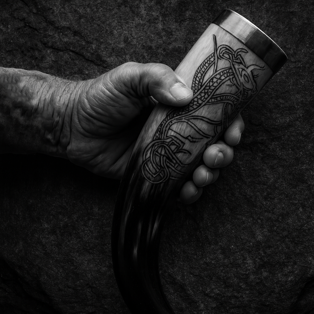 Echtes Wikinger-Trinkhorn aus Horn mit Gravur, von Hand gehalten – Symbolbild für nordische Trinkhörner, Metkelche und Wikinger-Becher zum Anstoßen im Viking-Shop.