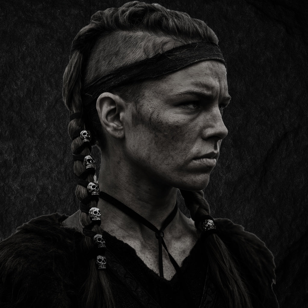 Wikingerin Porträt – entschlossene Schildmaid mit geflochtenem Haar, Totenkopf-Perlen und Lederband. Symbol für Stärke, Mut und nordische Mythologie.