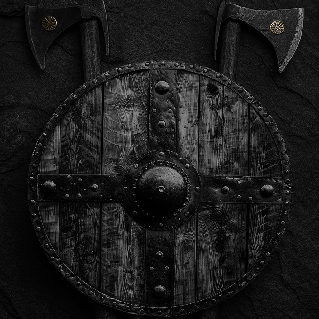 Nordischer Wikinger-Schild mit zwei Äxten und drei Speeren auf dunklem Steinhintergrund – Symbolbild für Dekoration im NORDSKULLS-Shop