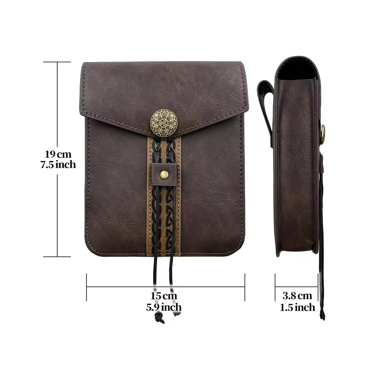 Gürteltasche mit Grössenangabe 19×15×3,8 cm – braunes Kunstleder im Mittelalter LARP Stil mit Triskelion-Symbol