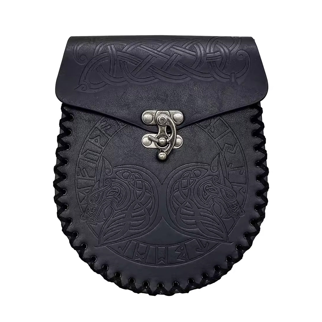 Wikinger Gürteltasche FENRIR in Schwarz, geprägte Ledertasche im Wikingerstil mit robustem Metallverschluss.