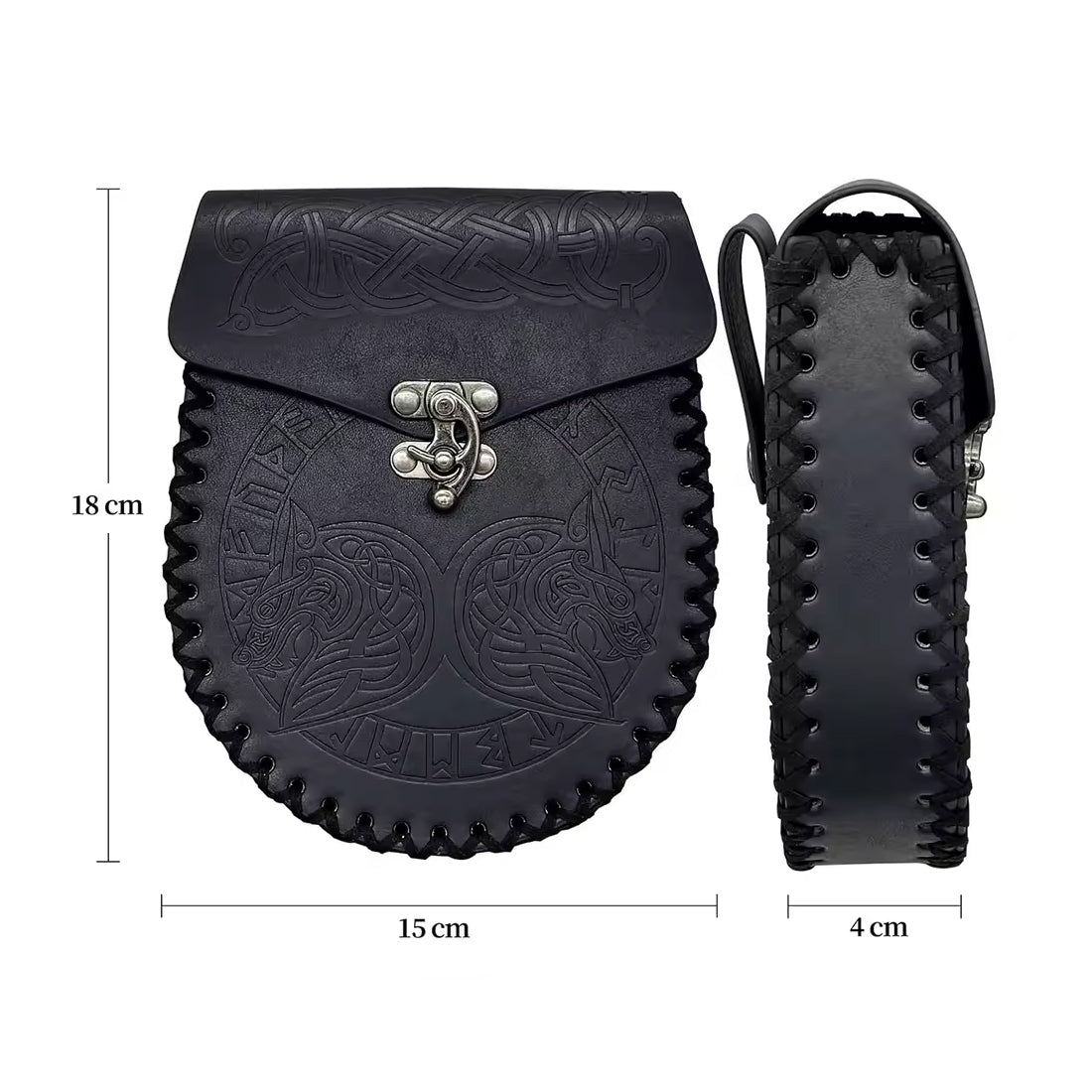 Wikinger Ledertasche FENRIR mit Größenangaben, ca. 18x15x4 cm, passend für Gürtel und Reenactment.