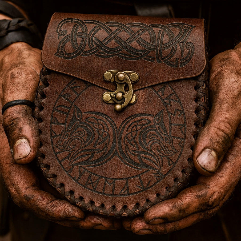 Wikinger Ledertasche FENRIR aus braunem Leder mit keltischem Knoten- und Wolfsmotiv, gehalten von rauen, schmutzigen Wikinger-Händen.
