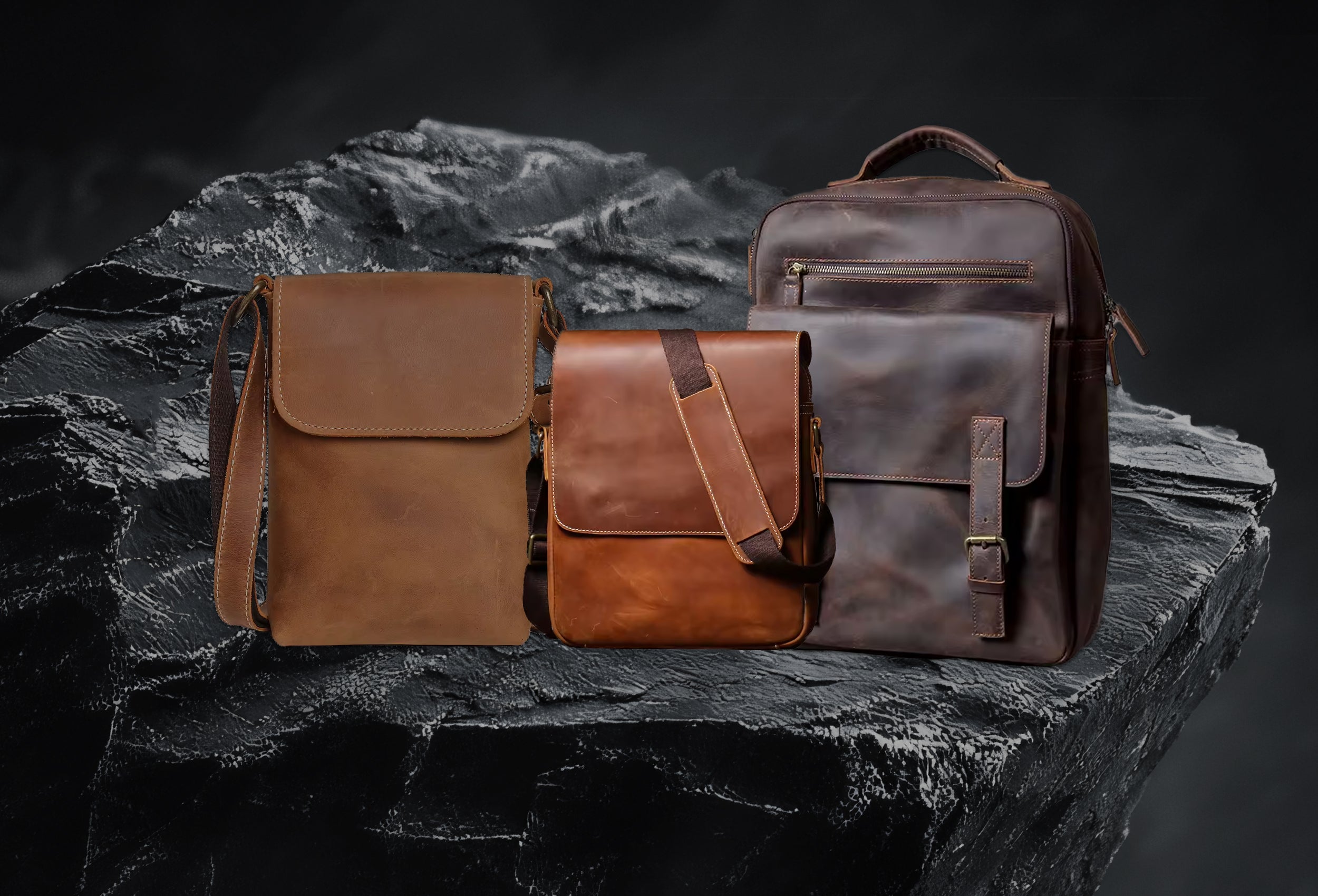 Echtledertaschen aus Rindsleder – Umhängetasche, Bauchtasche und Rucksack auf dunklem Steinfelsen