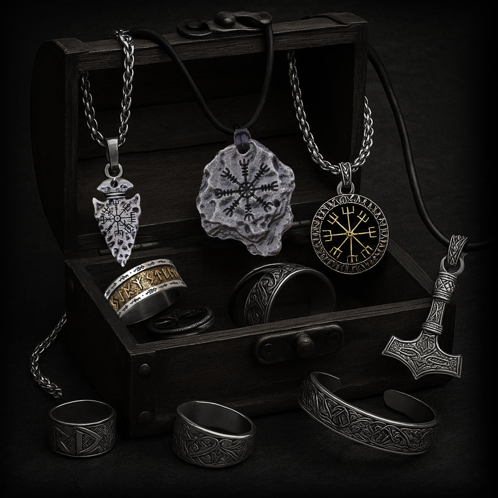 Wikinger Schmuck mit Mjölnir, Runenringen, Valknut-Anhänger und nordischen Amuletten in einer Holztruhe