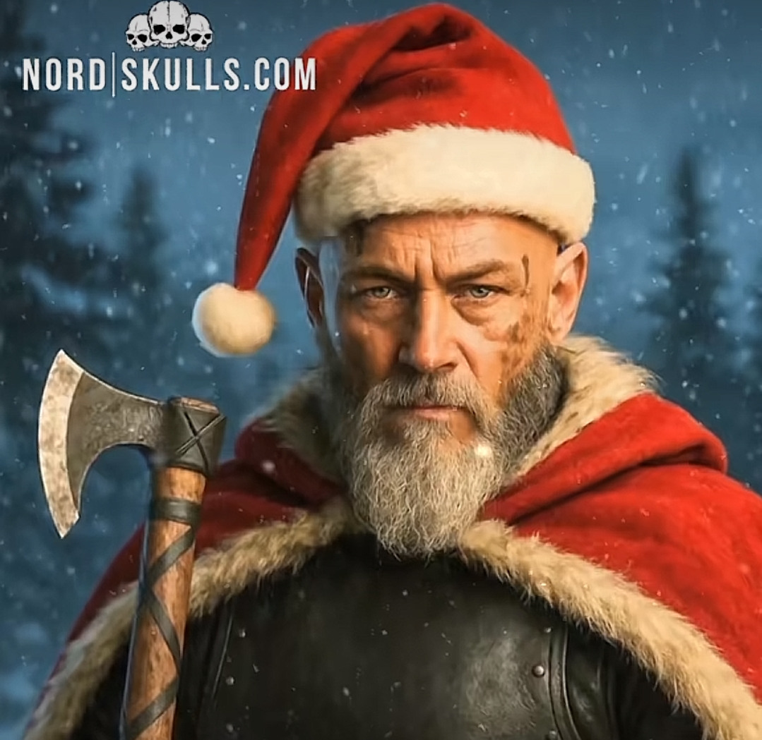 Wikinger-Weihnachtsmann mit rotem Fellmantel und Axt in verschneiter Winterlandschaft – symbolisches Bild für das keltisch-nordische Julfest.