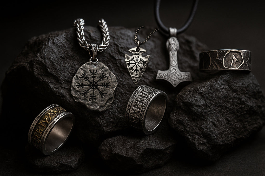 Wikinger Schmuck auf schwarzem Felsen – Runenschmuck von NORDSKULLS mit Thorshammer, Vegvisir und Runenringen im nordischen Stil.