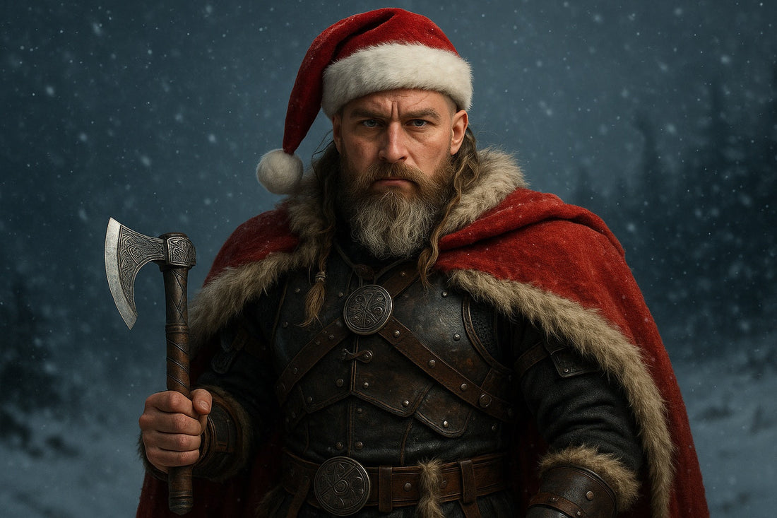 Wikinger-Weihnachtsmann mit rotem Fellmantel und Axt in verschneiter Winterlandschaft – symbolisches Bild für das keltisch-nordische Julfest.