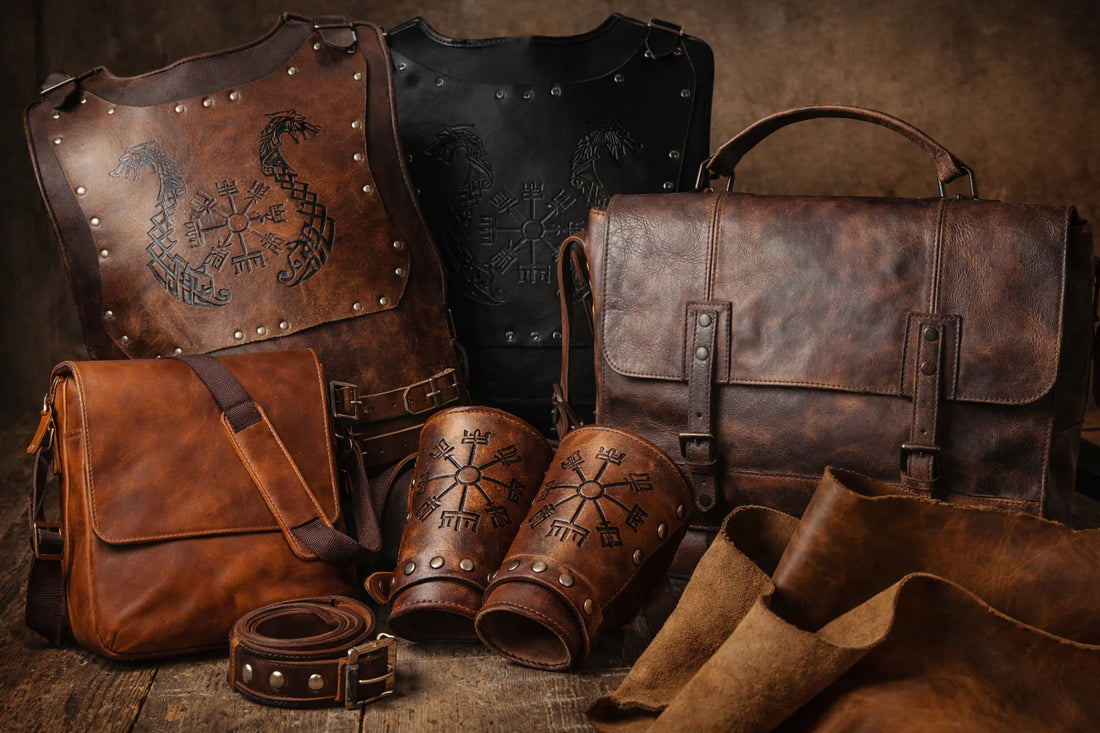 Wikingerzeitliche Lederarbeiten mit Brustpanzer, Armschienen, Guertel und Lederbeuteln als Beispiel nordischer Lederverarbeitung und Handwerkskunst in Europa
