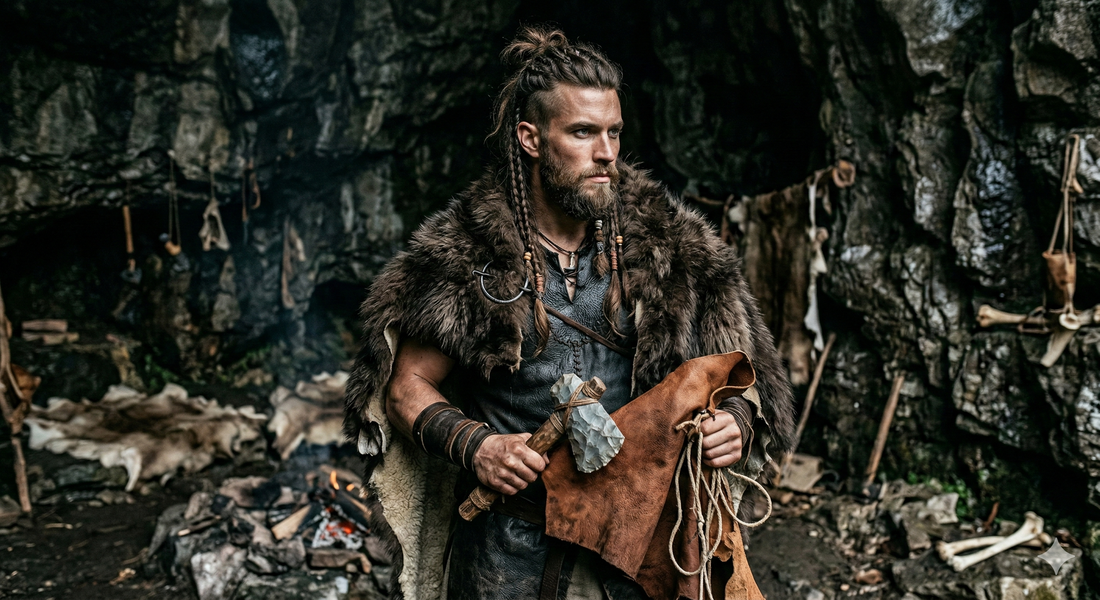 Neanderthaler-Wikinger Handwerker der Altsteinzeit-Epoche bei der archaischen Ledergerbung in einer Höhlenwerkstatt für Nordskulls Lederwaren.