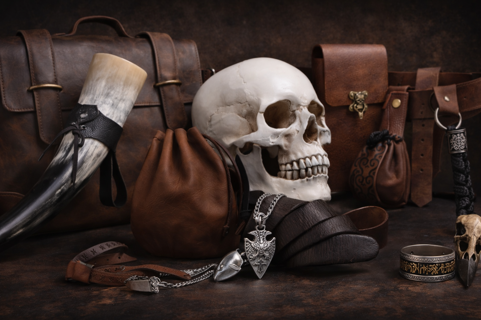 Wikinger Shop mit nordischen Echtleder Taschen, Wikinger Schmuck, Armreif und Lederwaren im rustikalen Setting