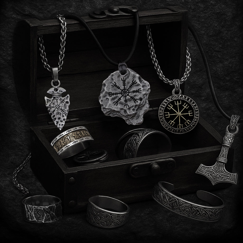 Echte Wikinger Runenschmuck Kollektion in offener Schatztruhe – detailreiche Anhänger, Ringe und Armreifen aus Edelstahl und 925 Silber mit nordischen Runen und Symbolen wie Vegvisir, Aegishjalmur und Thors Hammer.