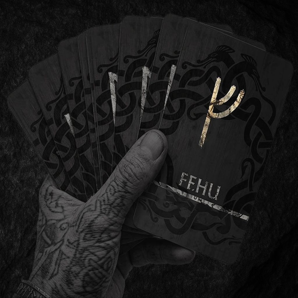 Wikinger-Tarot Karten und Runen-Orakel auf dunklem Granit, mystische Kartendecks wie Reflection und The Devil mit nordischen Runen und Symbolik für moderne Wikinger.