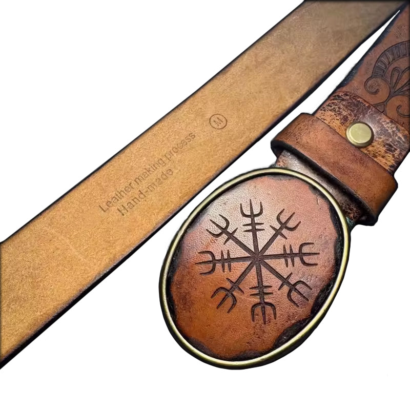 Echtleder Gürtel mit Vegvisir-Symbol und Messingschnalle – Detailansicht