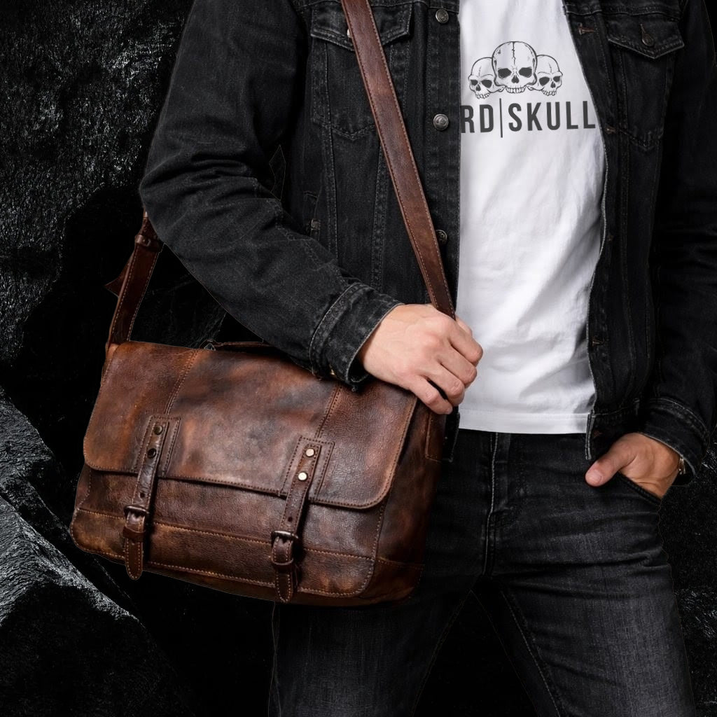 Echtleder Umhängetasche als Messenger Bag getragen – Seitenansicht