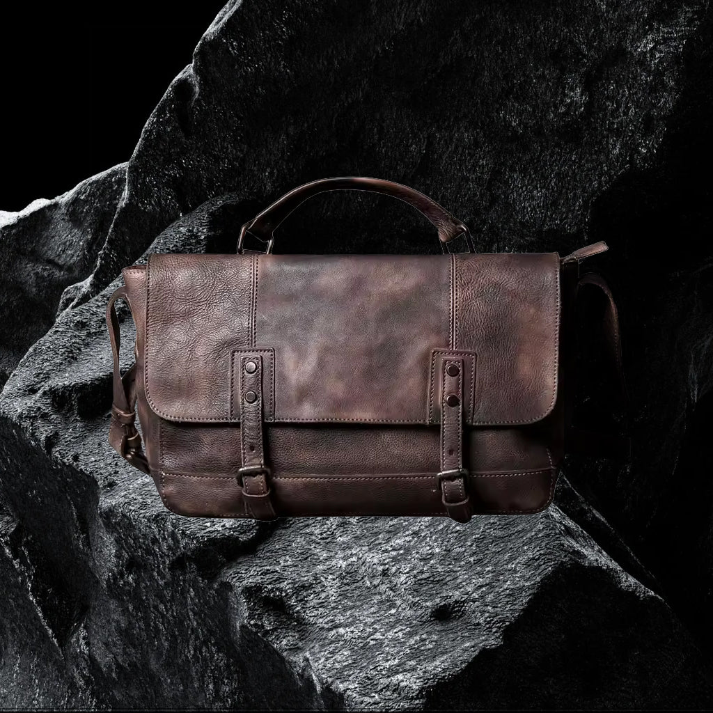 Echtleder Umhängetasche aus Rindsleder – Produktansicht auf schwarzem Steinfelsen