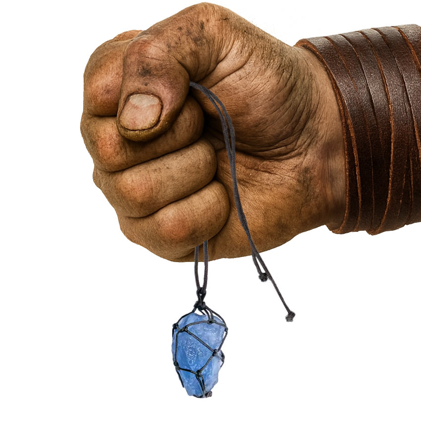 Wikinger hält Fluorit Kristall Halskette in der Faust | Nahaufnahme von Handgefertigter blauer Naturstein Anhänger im nordischen Stil | NORDSKULLS