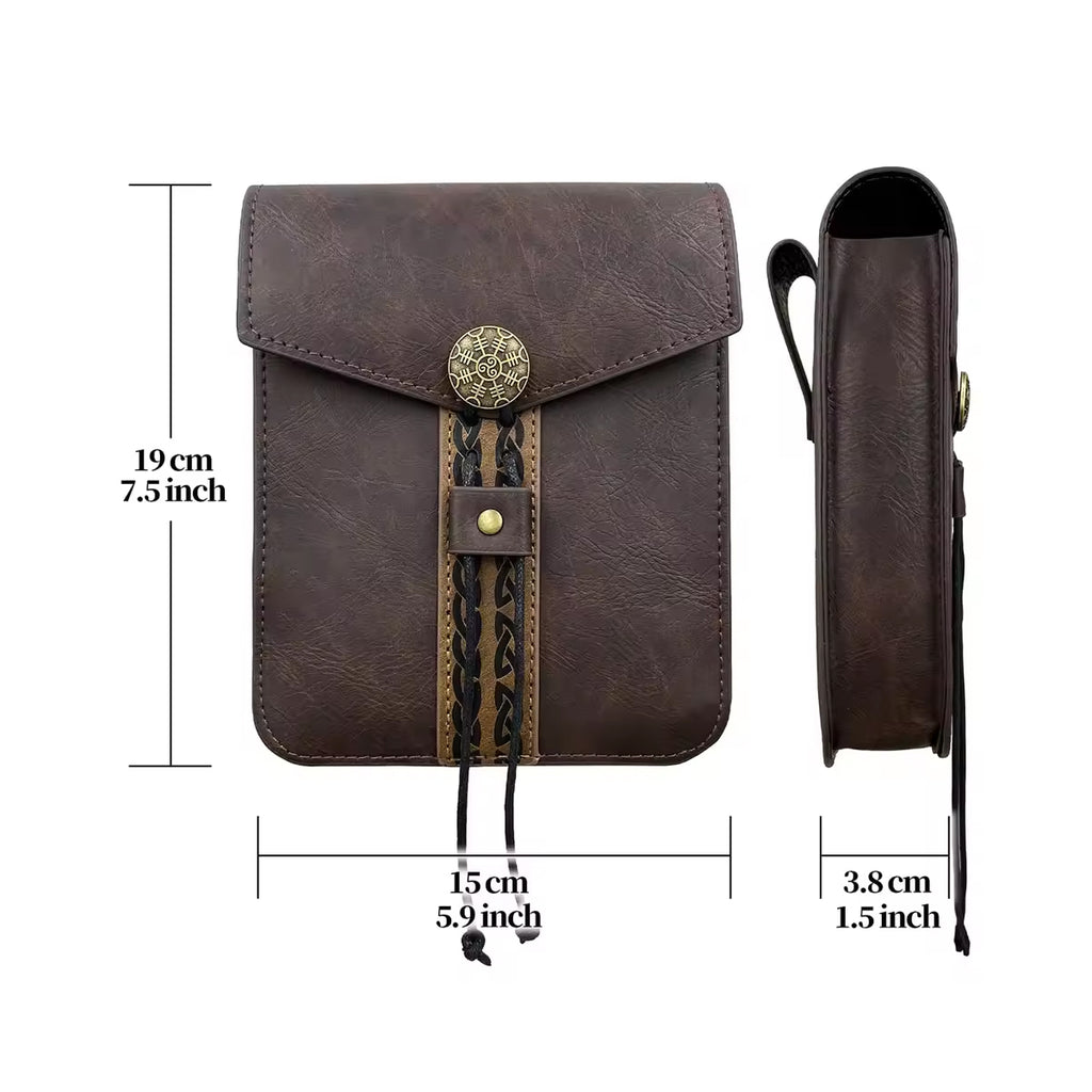 Gürteltasche mit Grössenangabe 19×15×3,8 cm – braunes Kunstleder im Mittelalter LARP Stil mit Triskelion-Symbol
