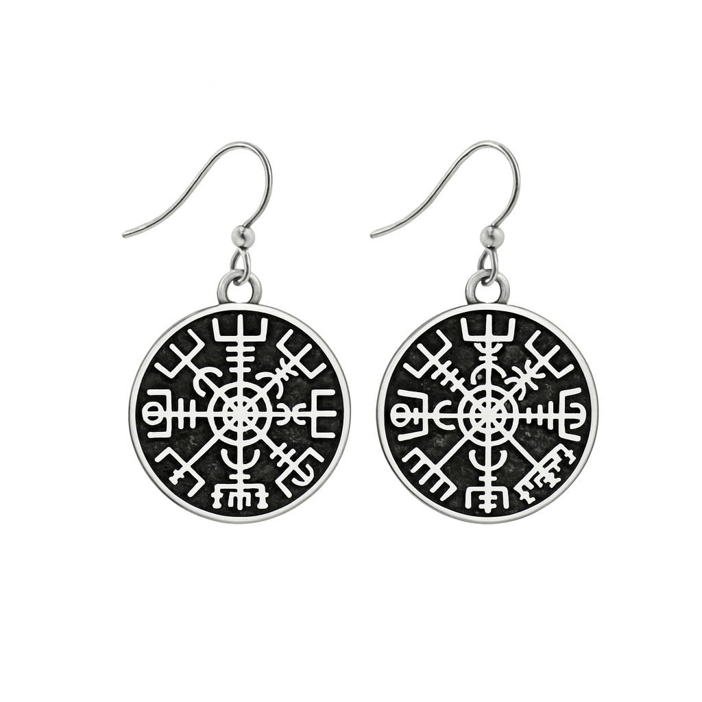 Vegvisir Runen Ohrringe aus Edelstahl in Schwarz, nordischer Wikinger Schmuck für Damen.