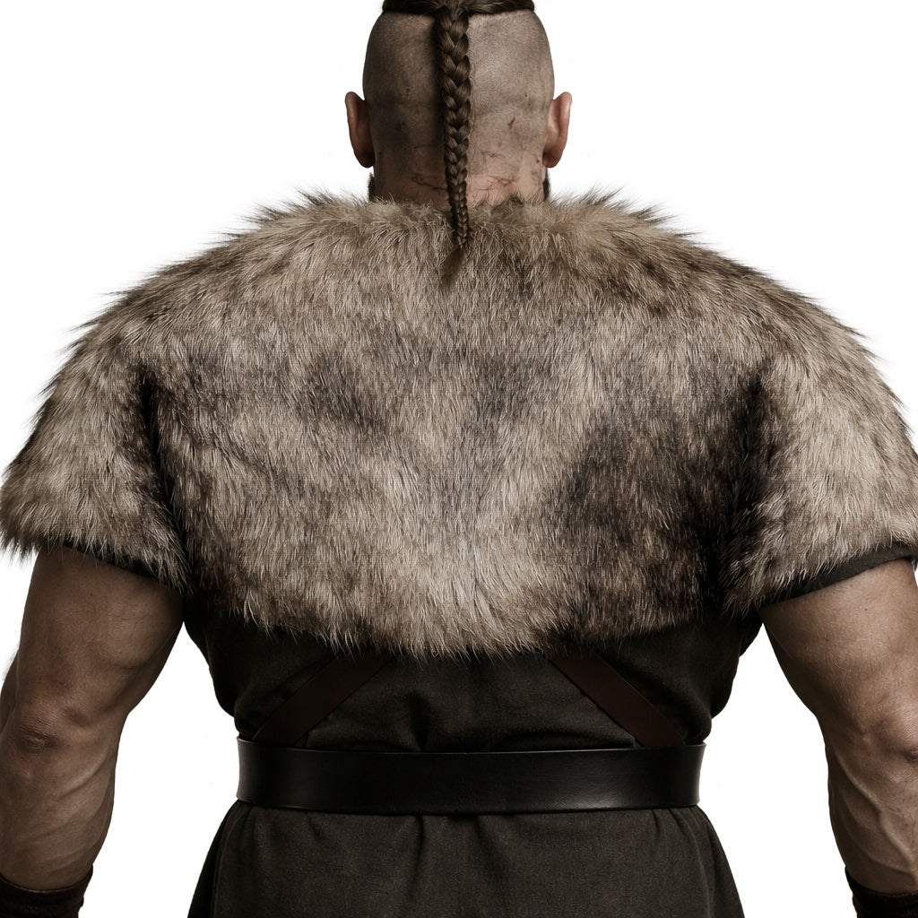 Nordskulls Wikinger Schulterfell – Rückseite getragen von Krieger mit Zopf, realistisches Fell in braun-grauer Struktur.