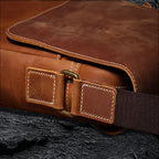 Umhängetasche aus Echtleder – Detailansicht von Klappe und Verschluss auf schwarzem Steinfelsen