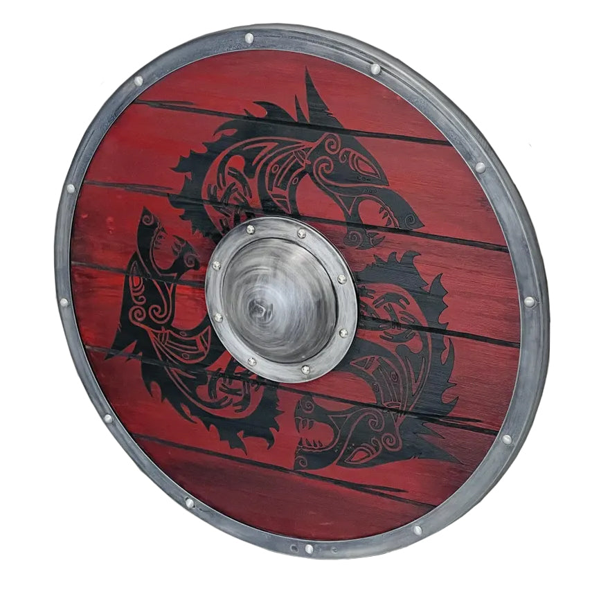 Echtes, schaukampftaugliches Wikinger-Schild in Rot-Schwarz mit Wolfsmotiv – handgefertigt aus Holz mit Aluminium-Schildbuckel und stabilem Metallrahmen. Authentisches nordisches Design auf weissem Hintergrund.