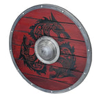 Echtes, schaukampftaugliches Wikinger-Schild in Rot-Schwarz mit Wolfsmotiv – handgefertigt aus Holz mit Aluminium-Schildbuckel und stabilem Metallrahmen. Authentisches nordisches Design auf weissem Hintergrund.