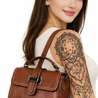 Echtleder Handtasche fuer Damen aus braunem Rindsleder getragen am Model mit Arm Tattoo