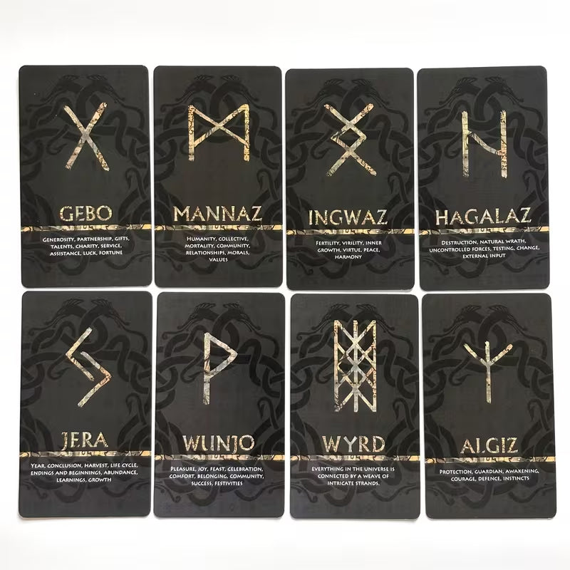 Elder Futhark Runen Karten Orakel – Wikinger Runen Karten Set mit Gebo, Mannaz, Ingwaz, Hagalaz, Jera, Wunjo, Wyrd und Algiz – nordische Runen Orakelkarten inspiriert von Wikinger Mythologie