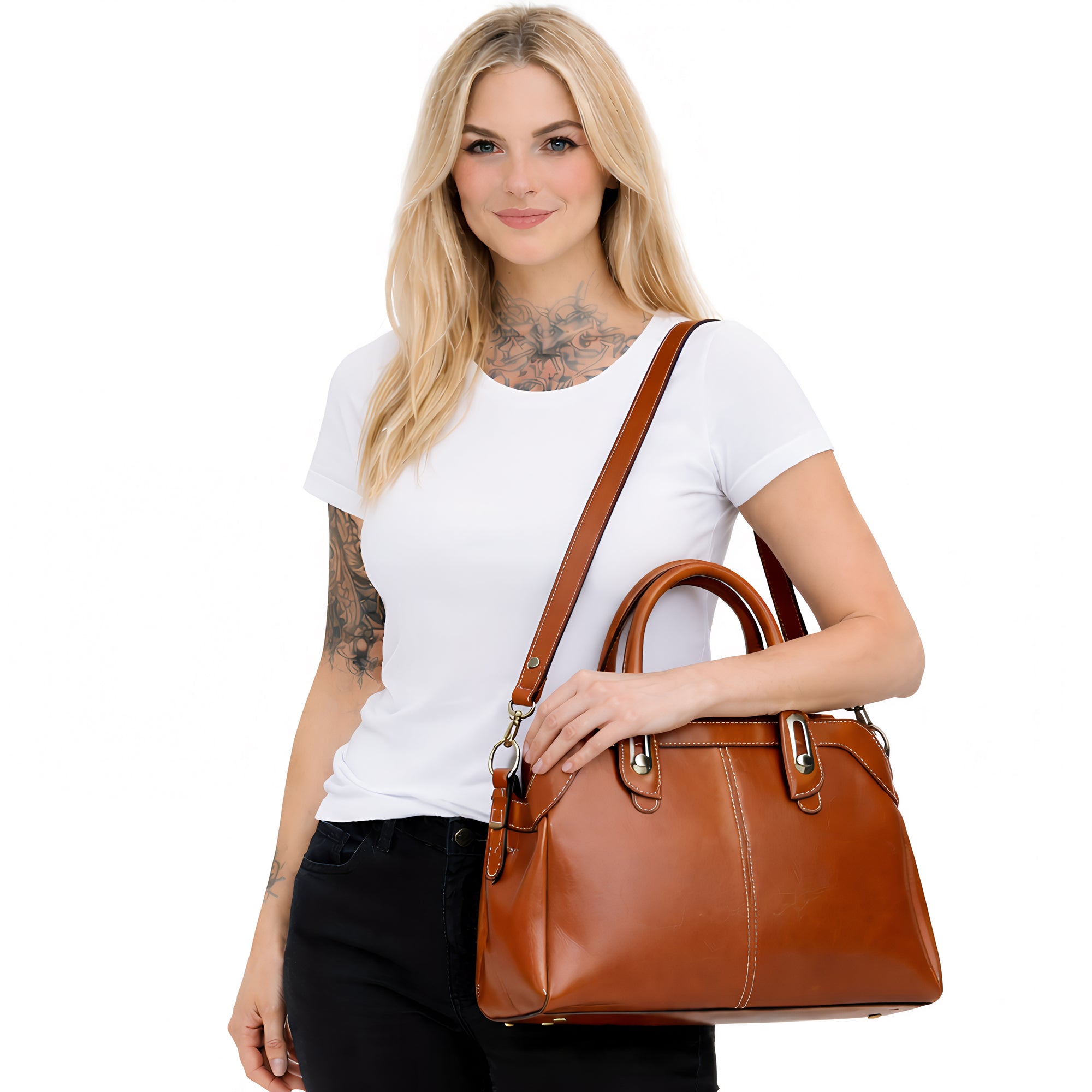 Echtleder Handtasche Damen am Model getragen, Leder Schulter- und Umhängetasche in Braun