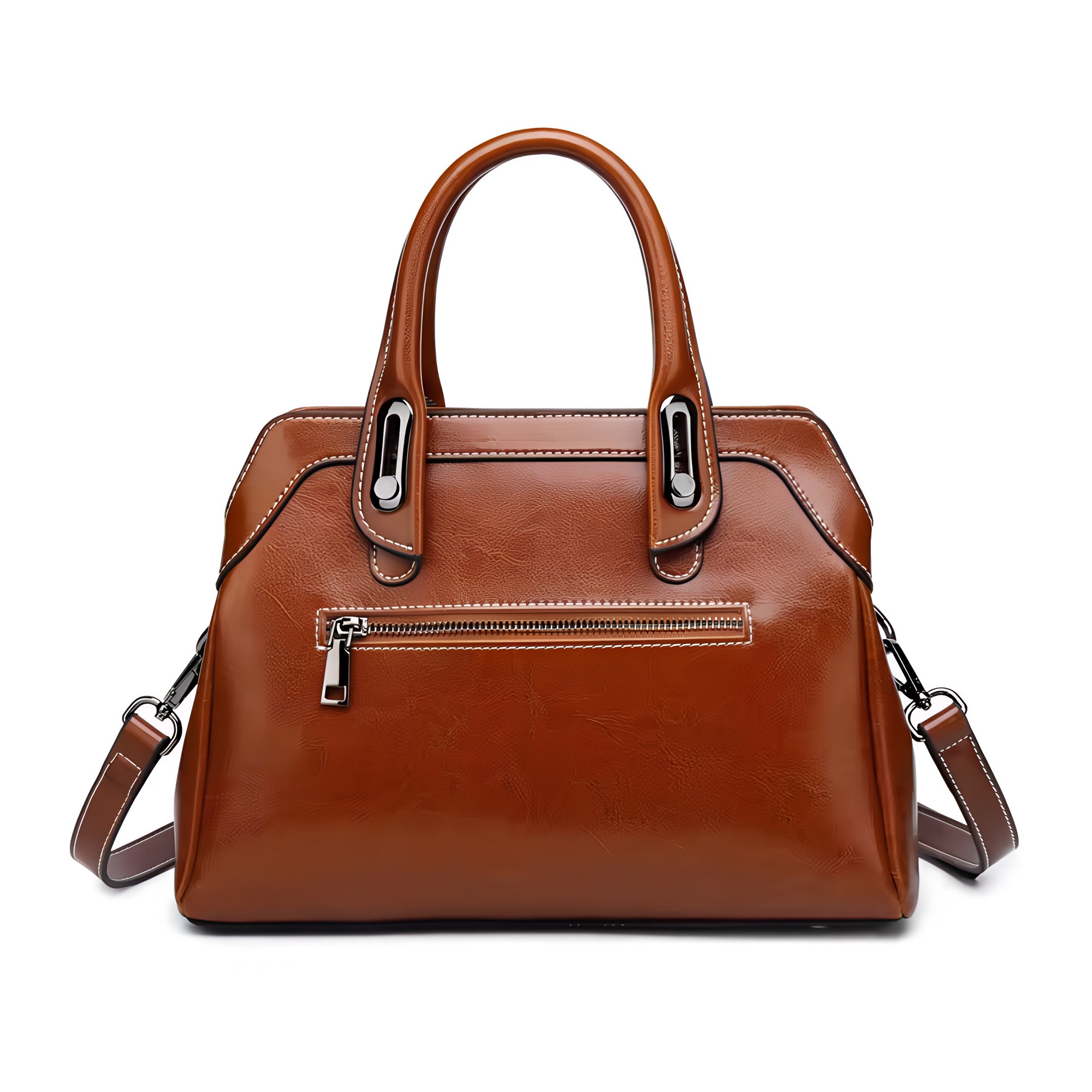 Echtleder Handtasche Damen Rückansicht, braune Leder Handtasche mit Reissverschluss