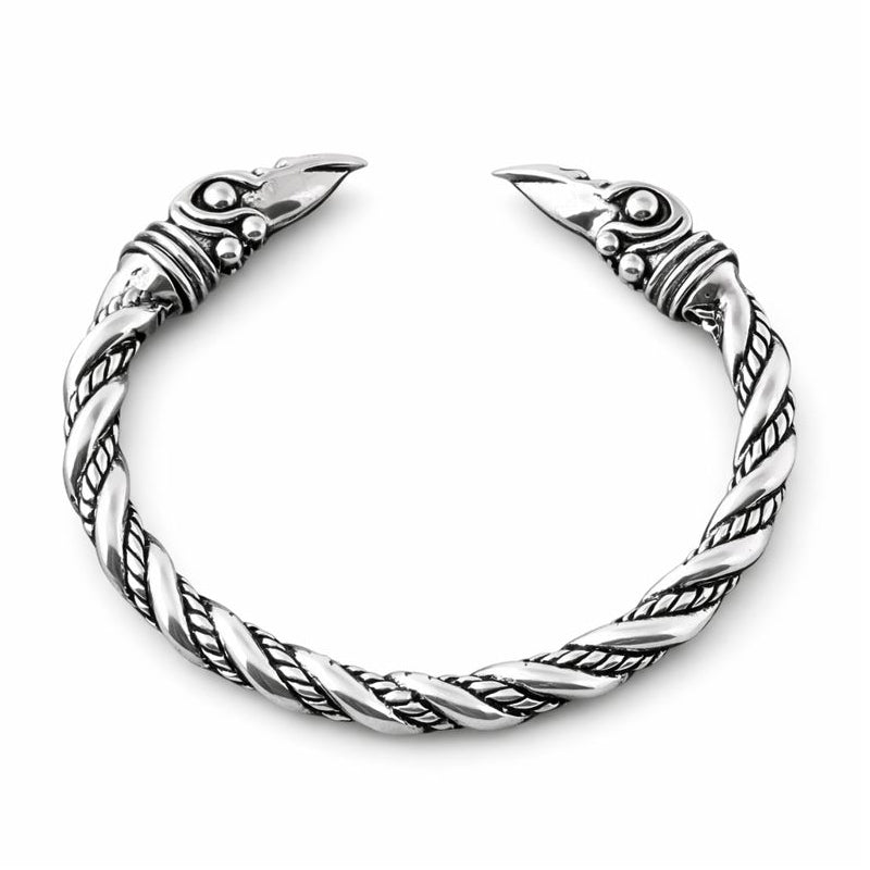 Raben-Armreif aus 925 Sterling Silber mit detailreichen Rabenköpfen, nordischer Silberschmuck HUGIN & MUNIN, offen gearbeitet