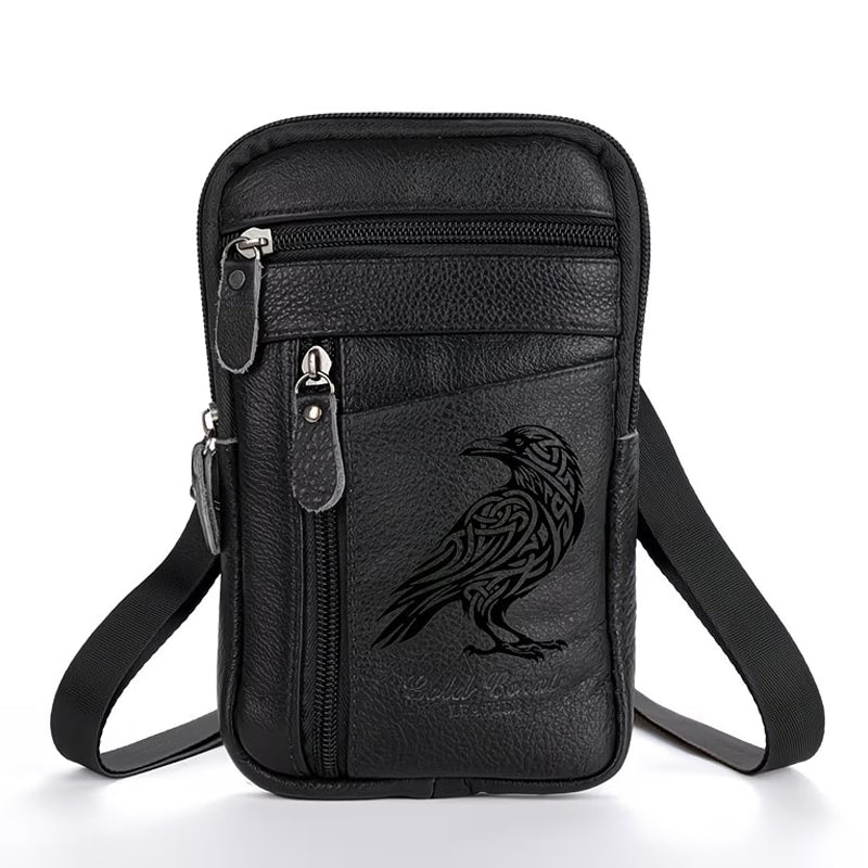 Schwarze nordische Smartphone Umhängetasche mit Rabenmotiv aus Kunstleder, kompakte Handytasche mit Schultergurt und Reissverschlussfächern für Smartphone und Alltag