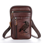 Nordische Smartphone Umhängetasche mit Rabenmotiv aus Kunstleder, kompakte Handytasche mit Schultergurt für Smartphone und kleine Gegenstände