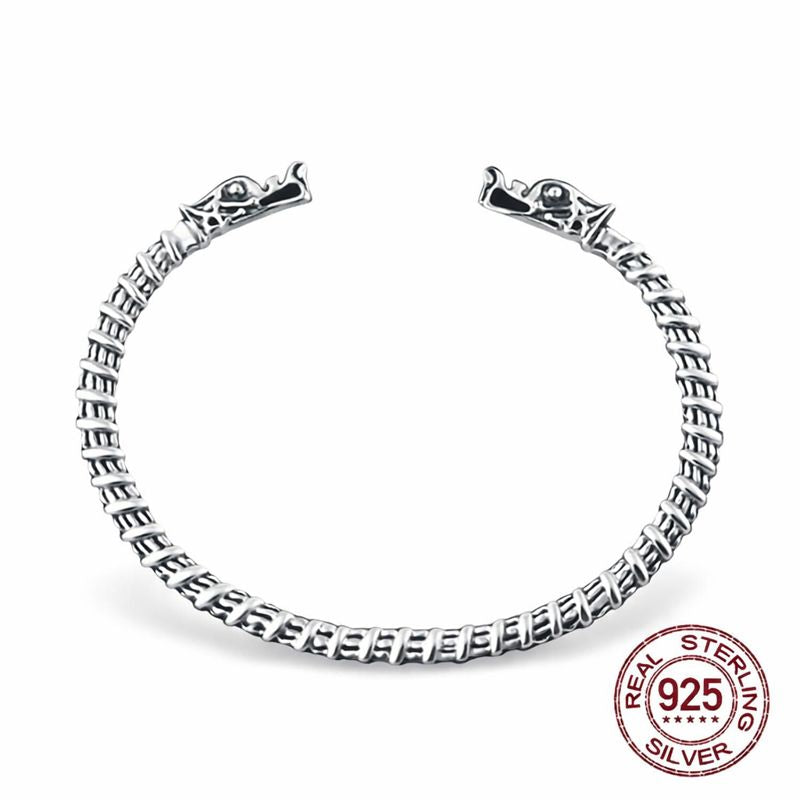 Offener Wikinger Armring aus 925 Sterling Silber mit Wolfsköpfen und Echtheitszertifikat